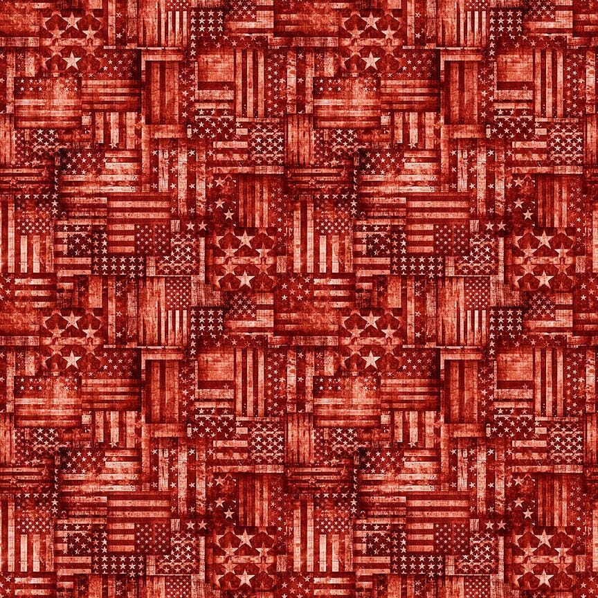 Image of American Country Flag Patchwork Red quilting cotton fabric by Morris Creative Group for QT Fabrics. Features american flags on a red background. Cute Little Fabric Shop.