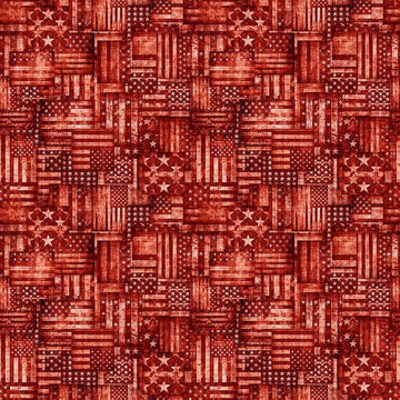 Image of American Country Flag Patchwork Red quilting cotton fabric by Morris Creative Group for QT Fabrics. Features american flags on a red background. Cute Little Fabric Shop.