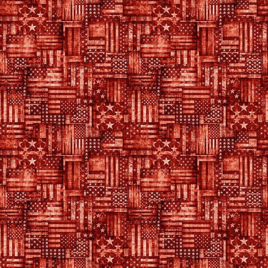 Image of American Country Flag Patchwork Red quilting cotton fabric by Morris Creative Group for QT Fabrics. Features american flags on a red background. Cute Little Fabric Shop.
