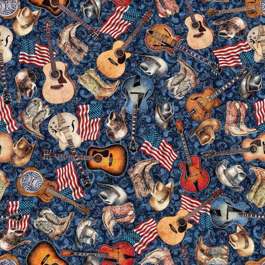 Image of American Country Guitars Navy quilting cotton fabric by Morris Creative Group for QT Fabrics. Features guitars on a blue background. Cute Little Fabric Shop.