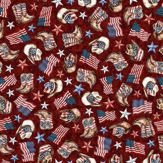 Image of American Country Cowboy Brick quilting cotton fabric by Morris Creative Group for QT Fabrics. Features patriotic icons on a red background. Cute Little Fabric Shop.