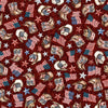 Image of American Country Cowboy Brick quilting cotton fabric by Morris Creative Group for QT Fabrics. Features patriotic icons on a red background. Cute Little Fabric Shop.