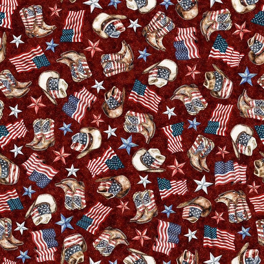 Image of American Country Cowboy Brick quilting cotton fabric by Morris Creative Group for QT Fabrics. Features patriotic icons on a red background. Cute Little Fabric Shop.