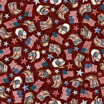 Image of American Country Cowboy Brick quilting cotton fabric by Morris Creative Group for QT Fabrics. Features patriotic icons on a red background. Cute Little Fabric Shop.