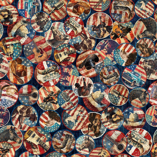 Image of American Country Vignettes Navy quilting cotton fabric by Morris Creative Group for QT Fabrics. Features patriotic icons on a blue background. Cute Little Fabric Shop.