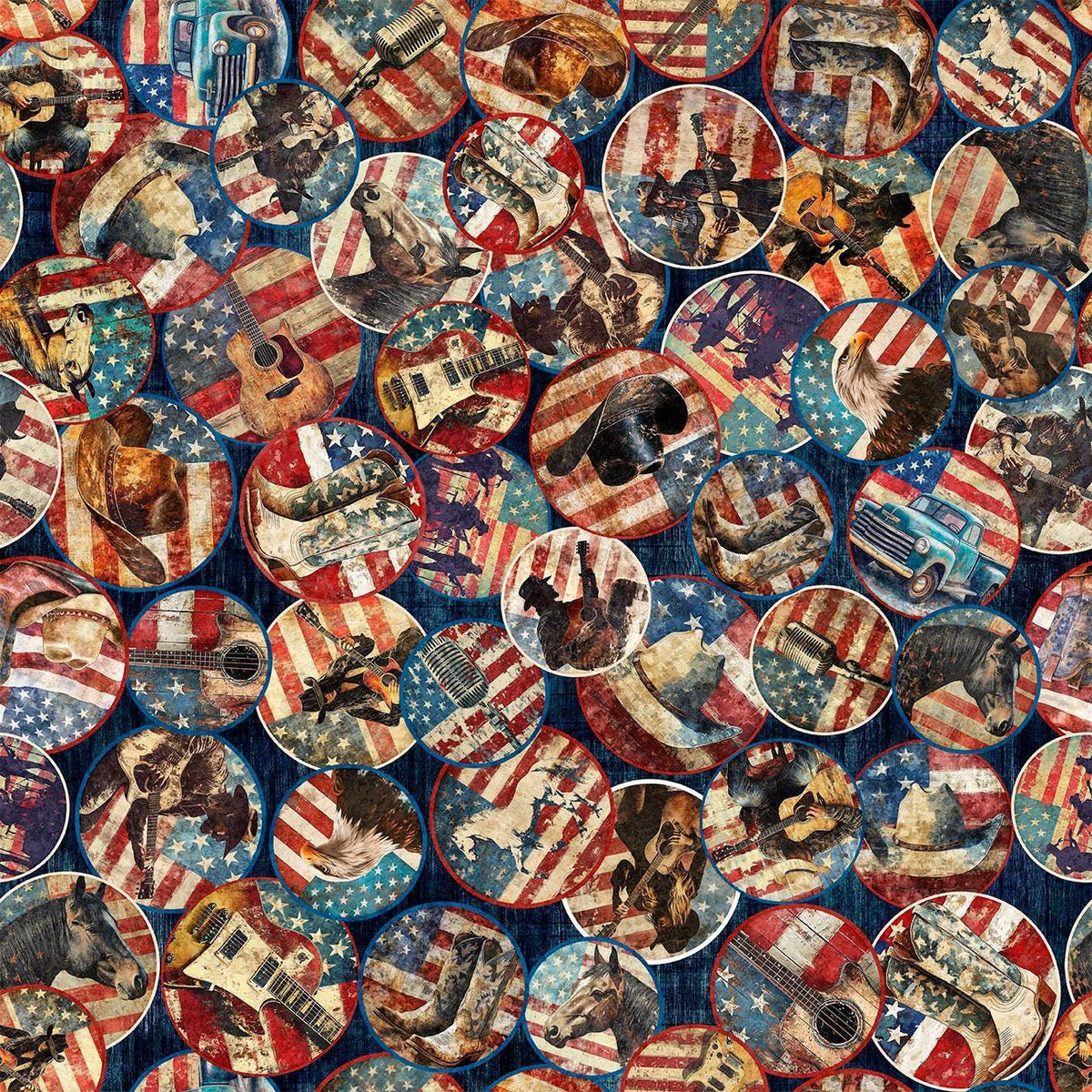 Image of American Country Vignettes Navy quilting cotton fabric by Morris Creative Group for QT Fabrics. Features patriotic icons on a blue background. Cute Little Fabric Shop.