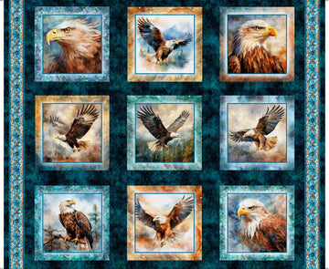SALE Skyward Eagle Picture Patches Panel Midnight Blue Bird Fabric - 32005 - QT Fabrics Quilting Cotton Fabric