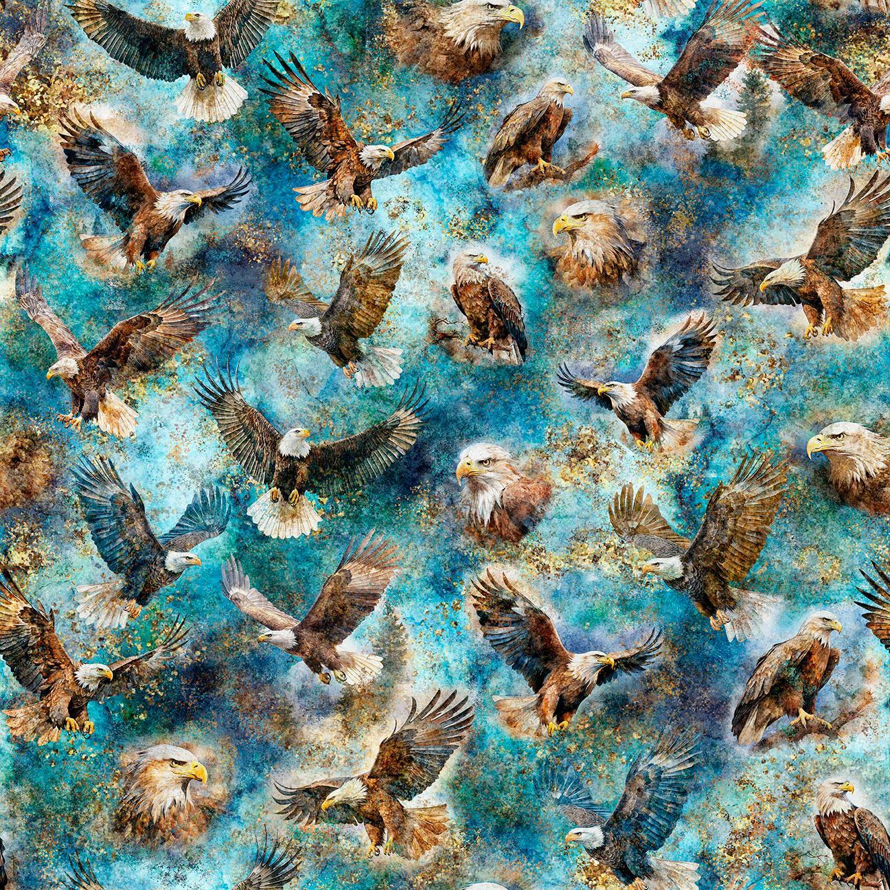 Image of Skyward Eagles Teal quilting cotton fabric by Morris Creative Group for QT Fabrics. Features eagles on a blue background. Cute Little Fabric Shop.