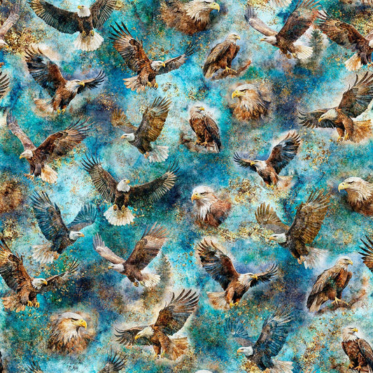 Image of Skyward Eagles Teal quilting cotton fabric by Morris Creative Group for QT Fabrics. Features eagles on a blue background. Cute Little Fabric Shop.