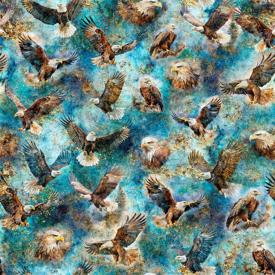 Image of Skyward Eagles Teal quilting cotton fabric by Morris Creative Group for QT Fabrics. Features eagles on a blue background. Cute Little Fabric Shop.