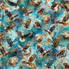 Image of Skyward Eagles Teal quilting cotton fabric by Morris Creative Group for QT Fabrics. Features eagles on a blue background. Cute Little Fabric Shop.