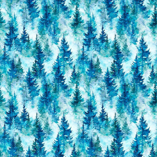 Image of Skyward Trees Blue quilting cotton fabric by Morris Creative Group for QT Fabrics. Features trees on a blue background. Cute Little Fabric Shop.