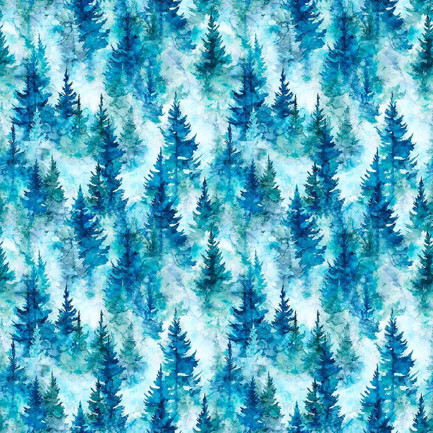 Image of Skyward Trees Blue quilting cotton fabric by Morris Creative Group for QT Fabrics. Features trees on a blue background. Cute Little Fabric Shop.