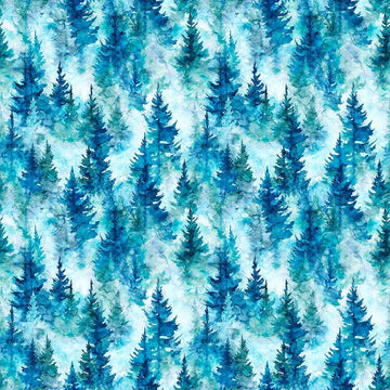 Image of Skyward Trees Blue quilting cotton fabric by Morris Creative Group for QT Fabrics. Features trees on a blue background. Cute Little Fabric Shop.