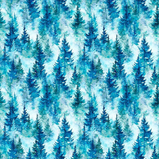 Image of Skyward Trees Blue quilting cotton fabric by Morris Creative Group for QT Fabrics. Features trees on a blue background. Cute Little Fabric Shop.