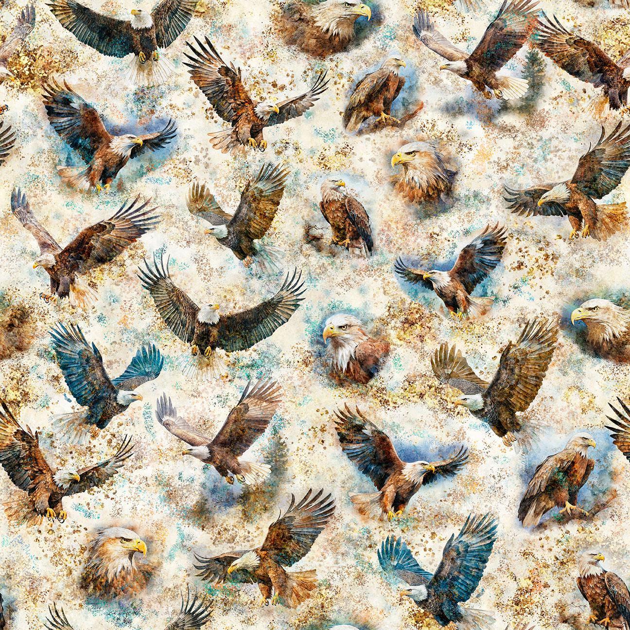 Image of Skyward Eagles Oatmeal quilting cotton fabric by Morris Creative Group for QT Fabrics. Features birds on a cream background. Cute Little Fabric Shop.