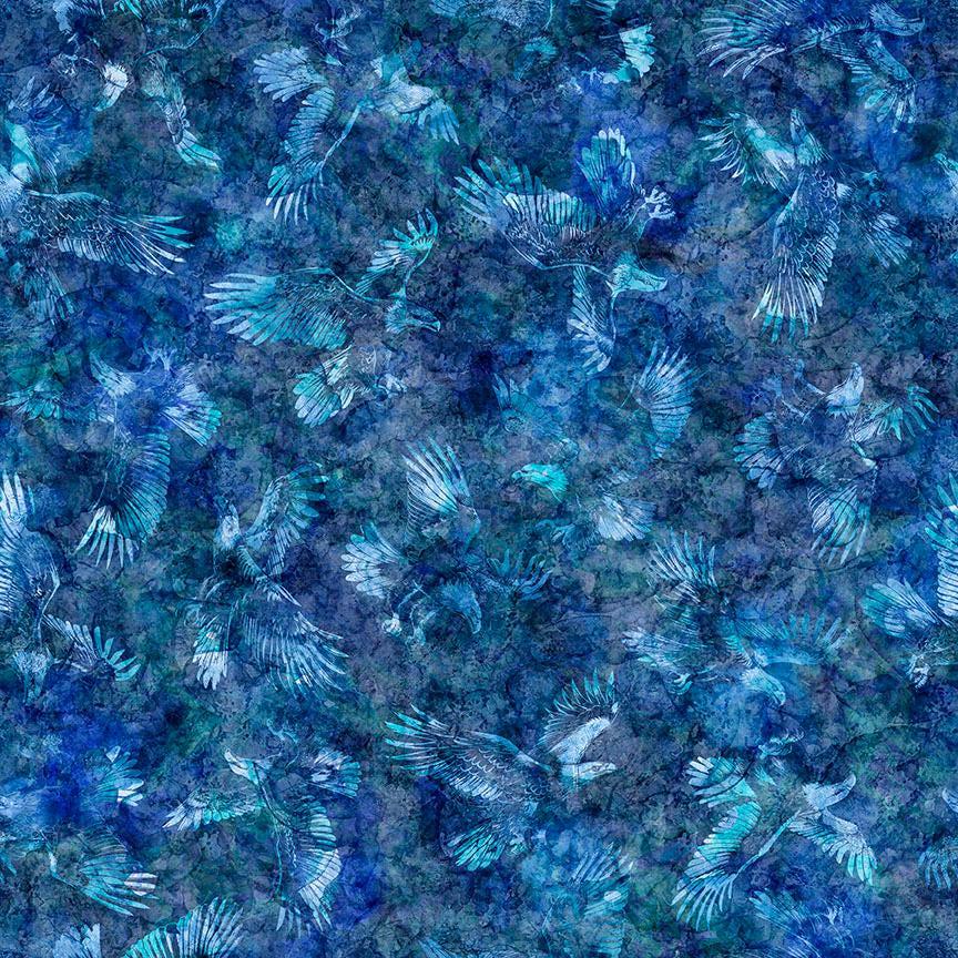 Image of Skyward Eagle Tonal Blue quilting cotton fabric by Morris Creative Group for QT Fabrics. Features printed texture on a blue background. Cute Little Fabric Shop.