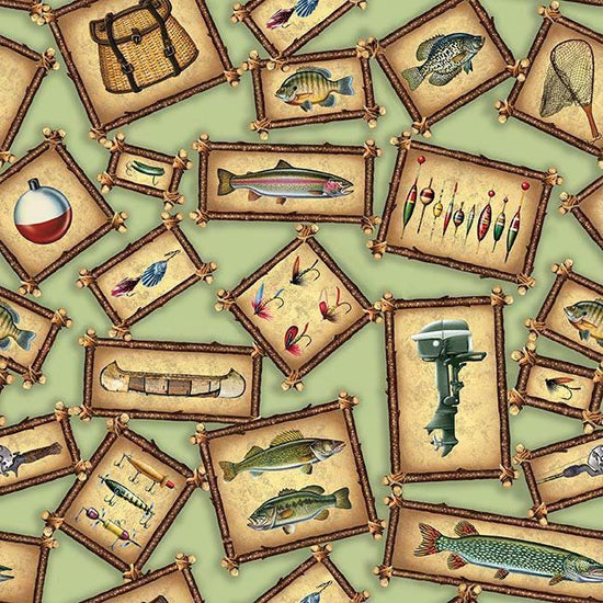 Image of The Lure of Fishing Patches Light Green quilting cotton fabric by JQ Licensing for QT Fabrics. Features fish on a green background. Cute Little Fabric Shop.