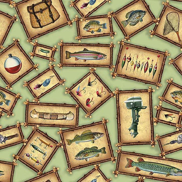 Image of The Lure of Fishing Patches Light Green quilting cotton fabric by JQ Licensing for QT Fabrics. Features fish on a green background. Cute Little Fabric Shop.