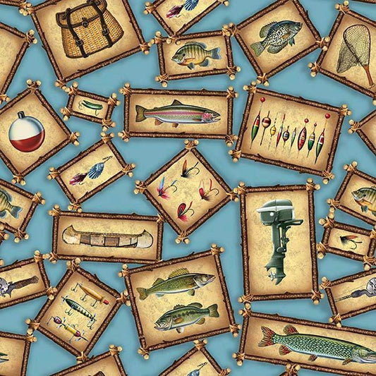 Image of The Lure of Fishing Patches Blue quilting cotton fabric by JQ Licensing for QT Fabrics. Features fish on a blue background. Cute Little Fabric Shop.
