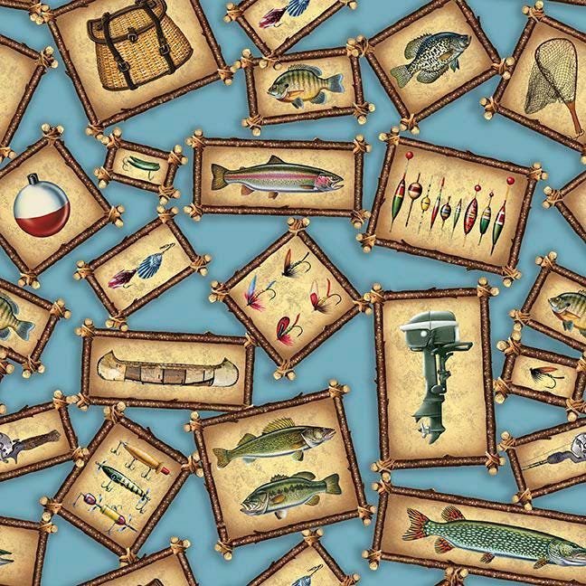 Image of The Lure of Fishing Patches Blue quilting cotton fabric by JQ Licensing for QT Fabrics. Features fish on a blue background. Cute Little Fabric Shop.