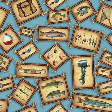 Image of The Lure of Fishing Patches Blue quilting cotton fabric by JQ Licensing for QT Fabrics. Features fish on a blue background. Cute Little Fabric Shop.