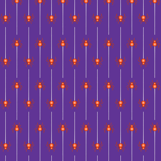 Image of Ghost Tales Spider Stripe Purple quilting cotton fabric by Michael Zindell for QT Fabrics. Features spiders and stripes on a purple background. Cute Little Fabric Shop.