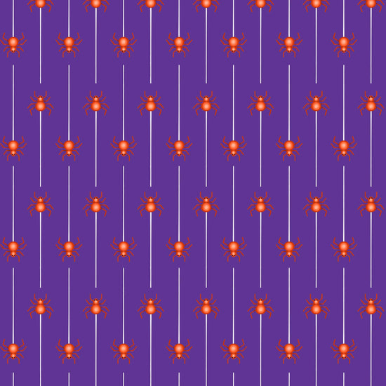 Image of Ghost Tales Spider Stripe Purple quilting cotton fabric by Michael Zindell for QT Fabrics. Features spiders and stripes on a purple background. Cute Little Fabric Shop.