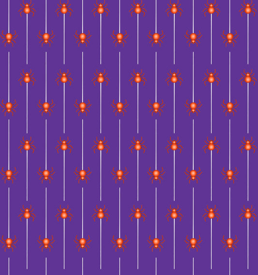 Image of Ghost Tales Spider Stripe Purple quilting cotton fabric by Michael Zindell for QT Fabrics. Features spiders and stripes on a purple background. Cute Little Fabric Shop.