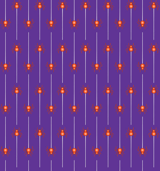 Image of Ghost Tales Spider Stripe Purple quilting cotton fabric by Michael Zindell for QT Fabrics. Features spiders and stripes on a purple background. Cute Little Fabric Shop.