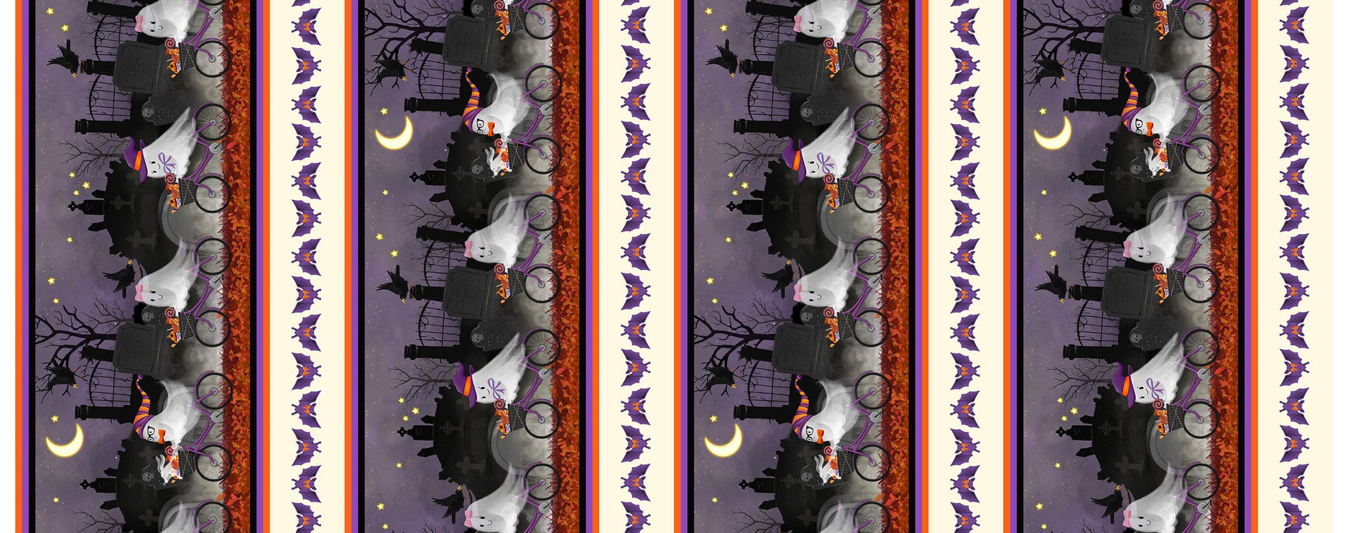 Image of Ghost Tales Border Stripe Multi quilting cotton fabric by Michael Zindell for QT Fabrics. Features halloween scenes on a purple, white, black, and orange background. Cute Little Fabric Shop.