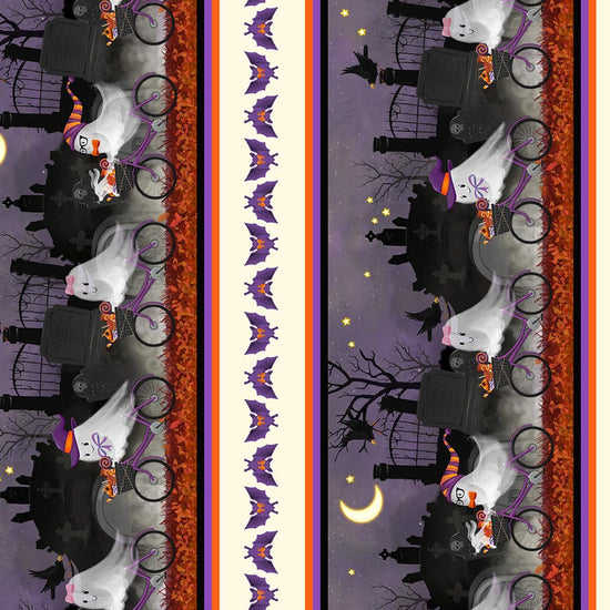 Image of Ghost Tales Border Stripe Multi quilting cotton fabric by Michael Zindell for QT Fabrics. Features halloween scenes on a purple, white, black, and orange background. Cute Little Fabric Shop.