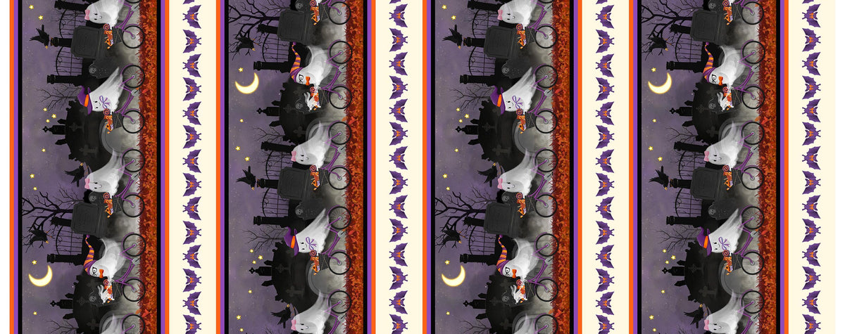 Image of Ghost Tales Border Stripe Multi quilting cotton fabric by Michael Zindell for QT Fabrics. Features halloween scenes on a purple, white, black, and orange background. Cute Little Fabric Shop.