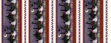 Image of Ghost Tales Border Stripe Multi quilting cotton fabric by Michael Zindell for QT Fabrics. Features halloween scenes on a purple, white, black, and orange background. Cute Little Fabric Shop.