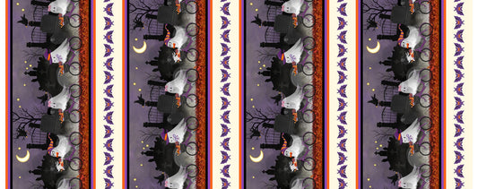 Image of Ghost Tales Border Stripe Multi quilting cotton fabric by Michael Zindell for QT Fabrics. Features halloween scenes on a purple, white, black, and orange background. Cute Little Fabric Shop.
