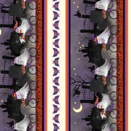Image of Ghost Tales Border Stripe Multi quilting cotton fabric by Michael Zindell for QT Fabrics. Features halloween scenes on a purple, white, black, and orange background. Cute Little Fabric Shop.