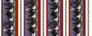 Image of Ghost Tales Border Stripe Multi quilting cotton fabric by Michael Zindell for QT Fabrics. Features halloween scenes on a purple, white, black, and orange background. Cute Little Fabric Shop.