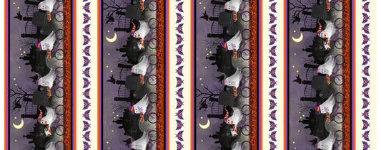 Image of Ghost Tales Border Stripe Multi quilting cotton fabric by Michael Zindell for QT Fabrics. Features halloween scenes on a purple, white, black, and orange background. Cute Little Fabric Shop.