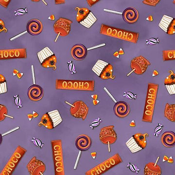 Image of Ghost Tales Halloween Candy Light Purple quilting cotton fabric by Michael Zindell for QT Fabrics. Features candy on a purple background. Cute Little Fabric Shop.