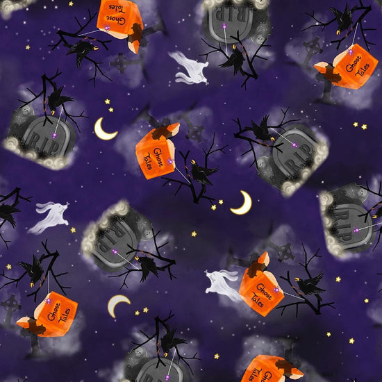 Image of Ghost Tales Tombstone & Crow Toss Dark Purple quilting cotton fabric by Michael Zindell for QT Fabrics. Features tombstones and crows on a purple background. Cute Little Fabric Shop.