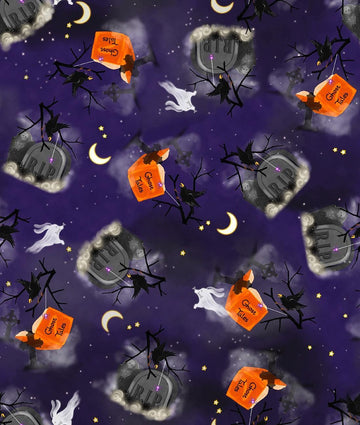 Image of Ghost Tales Tombstone & Crow Toss Dark Purple quilting cotton fabric by Michael Zindell for QT Fabrics. Features tombstones and crows on a purple background. Cute Little Fabric Shop.