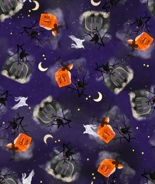 Image of Ghost Tales Tombstone & Crow Toss Dark Purple quilting cotton fabric by Michael Zindell for QT Fabrics. Features tombstones and crows on a purple background. Cute Little Fabric Shop.