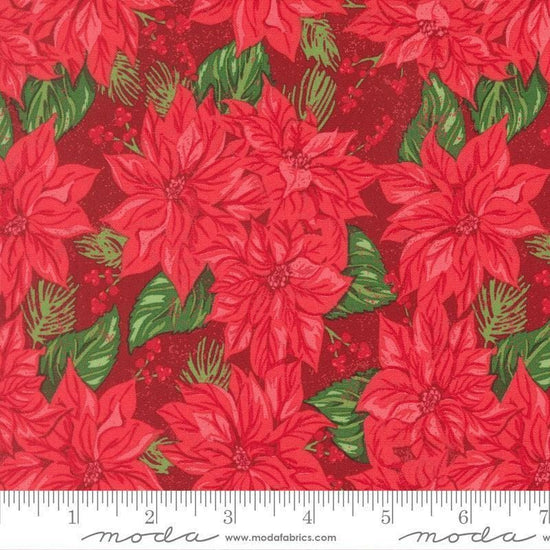 Image of Holiday Cheer Vintage Poinsettia Cardinal quilting cotton fabric by Stacy Iest Hsu for Moda Fabrics. Features flowers on a red background. Cute Little Fabric Shop.