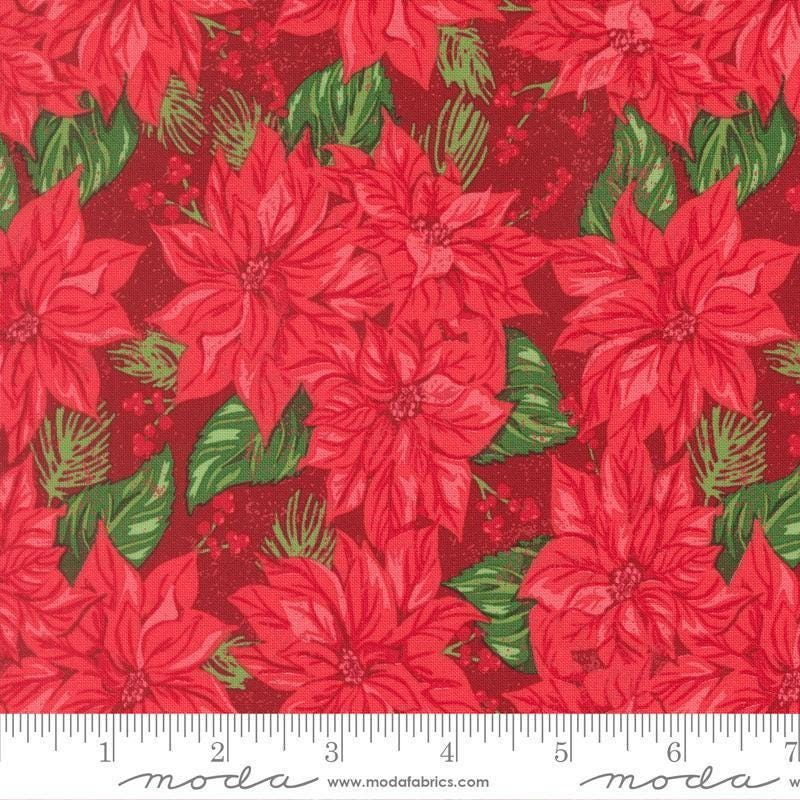 Image of Holiday Cheer Vintage Poinsettia Cardinal quilting cotton fabric by Stacy Iest Hsu for Moda Fabrics. Features flowers on a red background. Cute Little Fabric Shop.