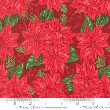 Image of Holiday Cheer Vintage Poinsettia Cardinal quilting cotton fabric by Stacy Iest Hsu for Moda Fabrics. Features flowers on a red background. Cute Little Fabric Shop.