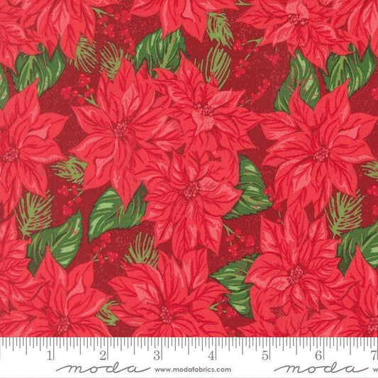 Image of Holiday Cheer Vintage Poinsettia Cardinal quilting cotton fabric by Stacy Iest Hsu for Moda Fabrics. Features flowers on a red background. Cute Little Fabric Shop.