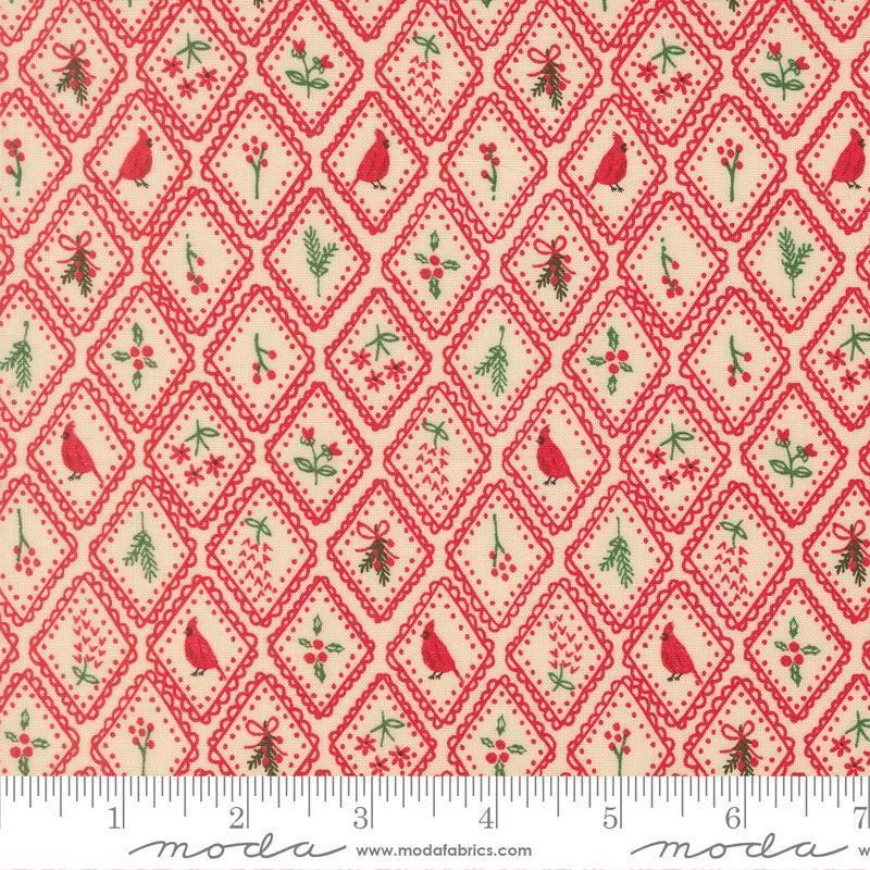 Image of Holiday Cheer Charm Poinsettia quilting cotton fabric by Stacy Iest Hsu for Moda Fabrics. Features flowers on a red and cream background. Cute Little Fabric Shop.