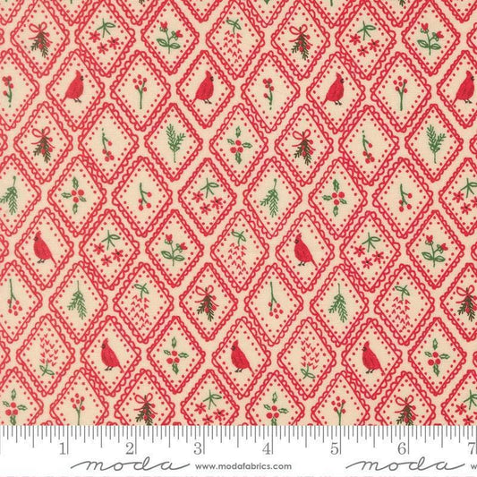 Image of Holiday Cheer Charm Poinsettia quilting cotton fabric by Stacy Iest Hsu for Moda Fabrics. Features flowers on a red and cream background. Cute Little Fabric Shop.