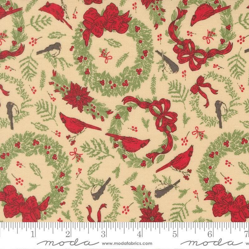 Image of Holiday Cheer Deck the Halls Natural quilting cotton fabric by Stacy Iest Hsu for Moda Fabrics. Features wreaths on a cream background. Cute Little Fabric Shop.