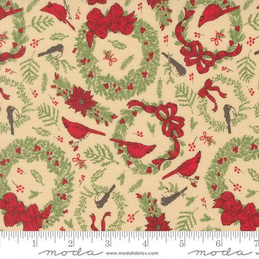 Image of Holiday Cheer Deck the Halls Natural quilting cotton fabric by Stacy Iest Hsu for Moda Fabrics. Features wreaths on a cream background. Cute Little Fabric Shop.